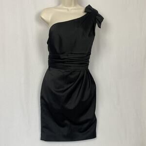 Davids Bridal Dress Women 14 Black Satin One Shoulder Bow Ruched Party LBD 84333
